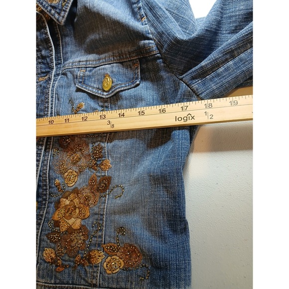 CE Embroidered Sequin Denim Jacket Gold Medium Wash Glam Coachella   Womans - Picture 11 of 12